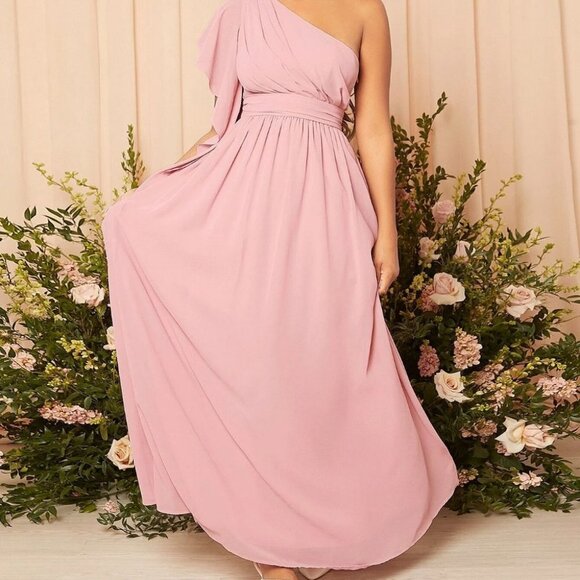 One Shoulder Ruched Chiffon Maxi Dress Pink Bridesmaid formal prom - Picture 5 of 5